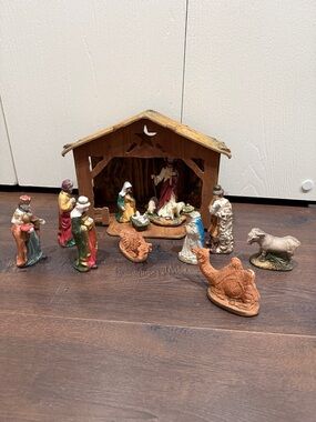 Vintage Old World Nativity Set with Multi-Colored Figurines and animals